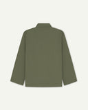 Back view of a green Uskees overshirt on a light gray background