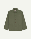 Front flat shot of an Uskees army green shirt jacket for men with brown Corozo buttons on a light gray background