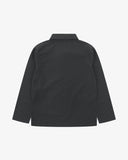 Back view of black, buttoned ripstop overshirt with view of reinforced elbow area and boxy silhouette.