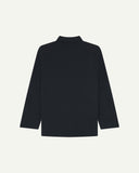 Reverse of dark blue (blueberry) buttoned organic cotton drill overshirt from Uskees. Showing reinforced elbows and boxy silhouette.