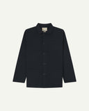 Front flat shot of dark blue (blueberry), buttoned drill overshirt. Clear view of corozo buttons, 3 pockets and Uskees branding label.