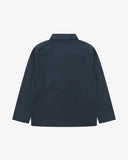 Back view of blueberry, buttoned ripstop overshirt with view of reinforced elbow area and boxy silhouette.