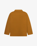 Reverse of buckthorn (mustard yellow) buttoned organic cotton drill overshirt from Uskees. Showing reinforced elbows and boxy silhouette.
