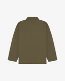 Back view of dark taupe, buttoned organic cotton overshirt with view of reinforced elbow area and boxy silhouette.