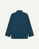 Back view of petrol blue, buttoned corduroy overshirt with view of reinforced elbow area and boxy silhouette.