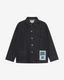 Front flat shot of the dark indigo, raw orta denim buttoned overshirt. The 'Raw Orta' cardboard pocket plaster visible on the bottom-right pocket.