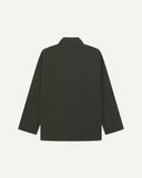 Back view of green-brown (seaweed), buttoned corduroy overshirt with view of reinforced elbow area and boxy silhouette.