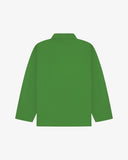 Back view of bright green, buttoned organic cotton overshirt with view of reinforced elbow area and boxy silhouette.