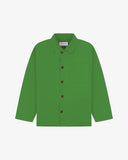 Front flat shot of bright green, buttoned organic cotton overshirt. Clear view of chest and hip pockets, corozo buttons and simple, boxy shape.