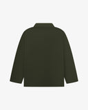 Reverse of vine green buttoned organic cotton drill overshirt from Uskees. Showing reinforced elbows and boxy silhouette.