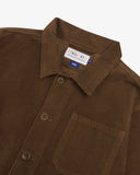 Close up flat view of Uskees brown cord shirt jacket for men showing the collar and Corozo buttons down the front.