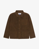 Front flat view of Uskees brown cord shirt jacket for men showing the 3 front pockets.