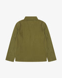 Back flat view of an Uskees green linen blend shirt jacket for men.