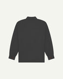 Reverse of charcoal buttoned organic cotton overshirt from Uskees showing reinforced elbows, tailored cuffs and boxy silhouette.