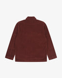 Reverse of deep wine berry coloured buttoned organic corduroy blazer from Uskees showing reinforced elbows and boxy silhouette.
