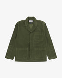 Front flat view of Uskees dark green cord men's jacket with multiple pockets on a white background.