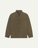 Flat front view of Uskees dark taupe organic herringbone cotton engineer jacket with 2 deep hip pockets with internal ticket pocket and chest pocket.