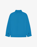 Full back view of Uskees opal-blue organic herringbone cotton engineer jacket showing reinforced elbows and simple lines.