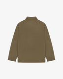 Flat back view of organic cotton dark taupe signal jacket from Uskees with view of reinforced elbows and raglan sleeves.