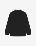 Flat back view of knitted organic cotton black collared cardigan from Uskees with view of ribbed cuffs and waistband.