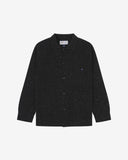 Flat front view of knitted organic cotton black collared cardigan with 3 patch pockets from Uskees. Clearly showing corozo buttons, two branding labels and 3 pockets on the front.