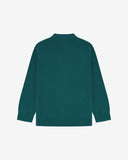 Flat back view of knitted organic cotton foam green collared cardigan from Uskees with view of ribbed cuffs and waistband.
