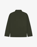Back view of Uskees vine green drill field jacket showing the modern military silhouette.