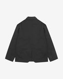 Flat back view of organic cotton twill black docklands blazer from Uskees with view of back vent.