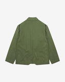 Flat back view of organic cotton twill coriander-green docklands blazer from Uskees with view of back vent.