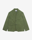 Full front view of organic cotton twill coriander-green docklands blazer from Uskees. Clearly showing 2-button fastening, 3 jetted pockets and brand labels.