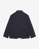 Flat back view of organic cotton twill deep blue docklands blazer from Uskees with view of back vent.