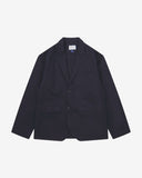 Full front view of organic cotton twill deep blue docklands blazer from Uskees. Clearly showing 2-button fastening, 3 jetted pockets and Uskees brand labels.