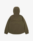 Back view of Uskees army green Evo shell coat showing back vent.