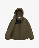 Front view of Uskees army green Evo shell coat. Unzipped showing the inner lining, pocket and brand label.