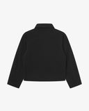 Back view  flat shot of an Uskees zip up bomber jacket for men in black.