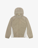 Front flat shot of an Uskees zip up trekking jacket for men in light green with side accent colour panel.