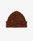 Front view of Uskees 4003 brick red multicoloured speckled Donegal wool hat showing the adjustable cuff.