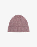 Front view of Uskees 4003 'parma violet' pale violet Donegal wool hat with multicoloured speckles and showing the adjustable cuff.
