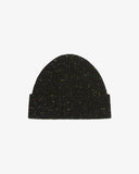 Front view of Uskees 4003 'speckled kelp' dark green Donegal wool hat with multicoloured speckles and showing the adjustable cuff.