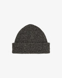 Front view of Uskees 4003 'terra grey' Donegal wool hat with light grey speckles and showing the adjustable cuff.