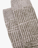 Closer look at the upper portion of the Uskees 4006 willow green organic cotton sock, showing the ribbing and the random parallel knitting pattern.