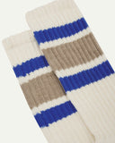 Closer view of the upper leg of a pair of Uskees 4011 socks, showing the 'college stripes' comprising of two ultra blue and one thicker khaki band.