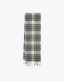 Uskees lambswool scarf folded in half showing the multicoloured pattern and tassels against a cream ground.