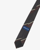 Close-up reverse view of recycled polyester repp tie, showing tricolour stripes, Uskees branding label and black lining.