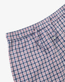 Uskees suburban navy/berry check men's pyjama pants with focus on waistband, drawstring and button.