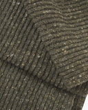 Close-up of the Donegal Merino wool scarf in speckled army green, showing the ribbed texture and speckled coloured neps.
