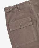 Close-up of Uskees brown corduroy pants showing the back pocket and button details on a white background.