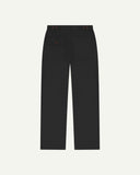 Full length back-view of black cotton 5005 trousers with view of rear pockets, belt loops and tapered leg fit.