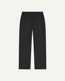 Front flat view of 5005 Uskees men's organic cotton black casual trousers with view of YKK zip fly and Corozo buttons.