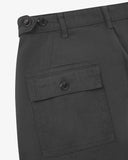 Close up back shot of Uskees 5005 drill workwear pants in charcoal-grey with focus on back pocket, adjustable waistband secured with Corozo button and belt loops.